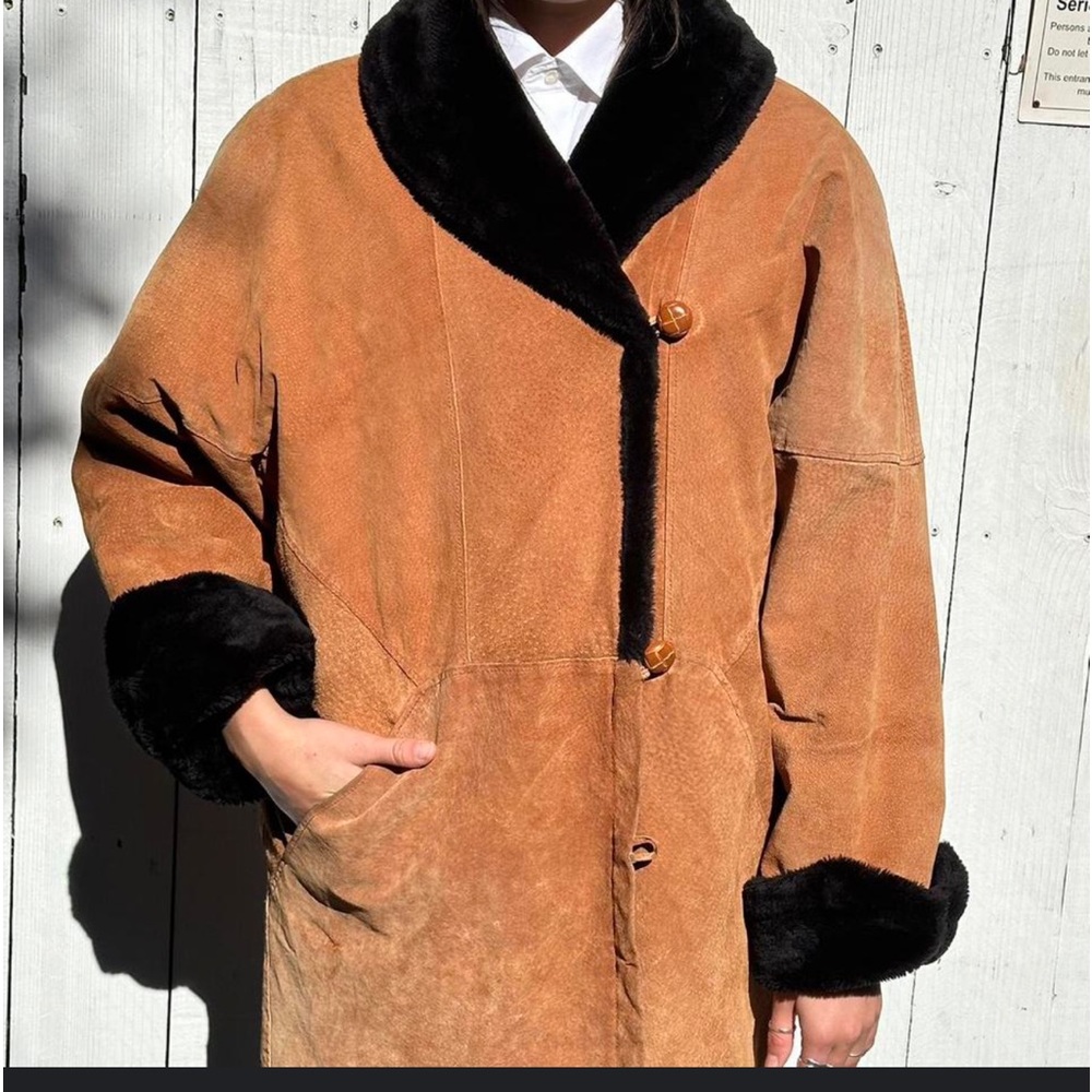 R.Z.R Womens Leather Coat Lined, Pockets Faux Fur Brown With Black Trim